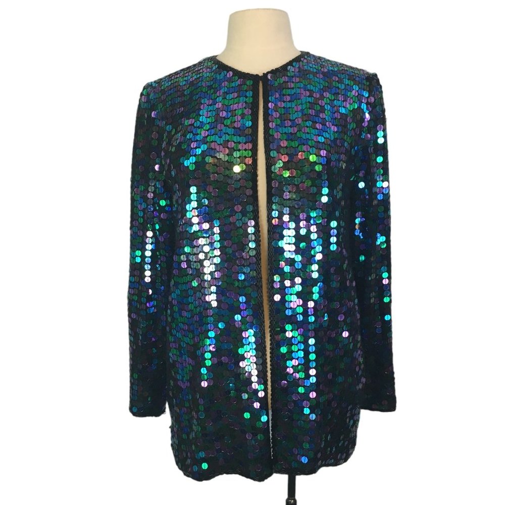 Oleg Cassini Womens Blue Purple Black Sequin Open Front Cardigan, Top, Jacket M